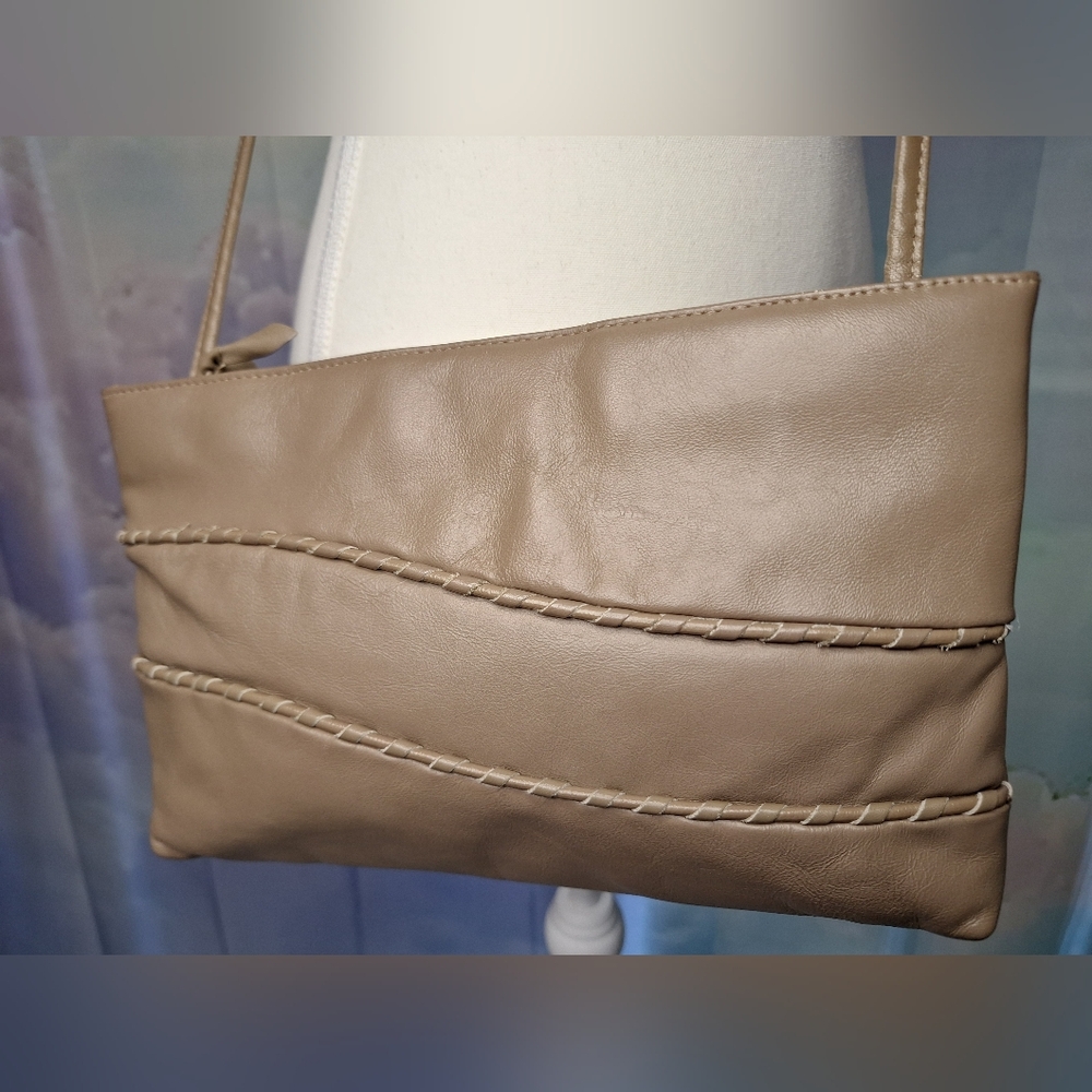 Vintage Toni Taupe Leather Whipstitch Snap Zip Crossbody Clutch